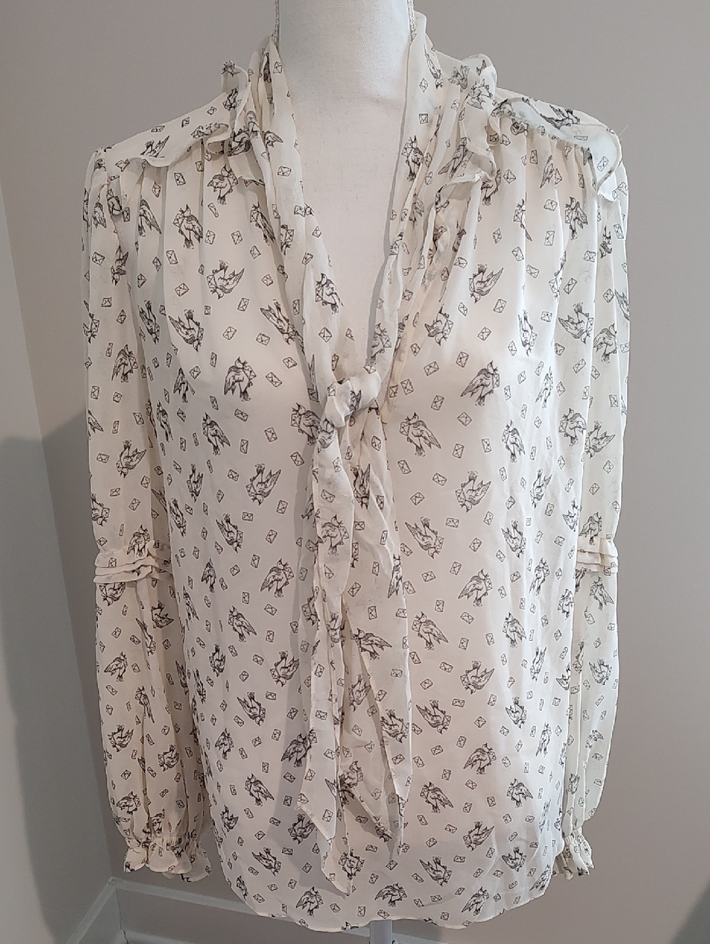 Black & White Birds in flight Print Novelty Quirky Sheer Blouse Flowy Ethereal